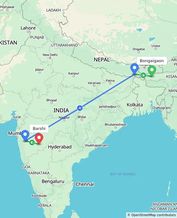Route map showing distance and travel time from Bongaigaon, India to Barshi, India