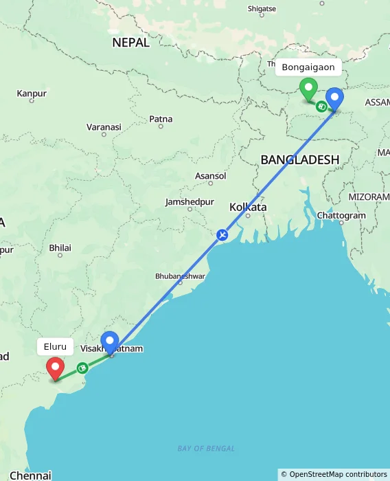 Route map showing distance and travel time from Bongaigaon, India to Eluru, India