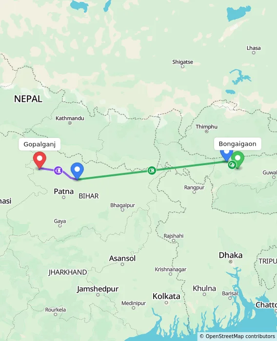 Route map showing distance and travel time from Bongaigaon, India to Gopalganj, India