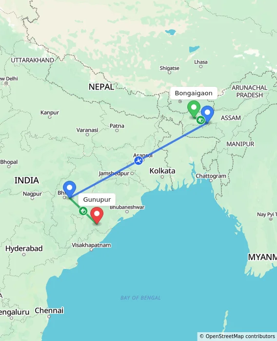 Route map showing distance and travel time from Bongaigaon, India to Gunupur, India
