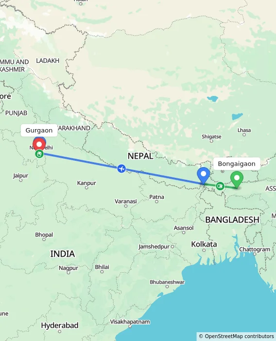 Route map showing distance and travel time from Bongaigaon, India to Gurgaon, India