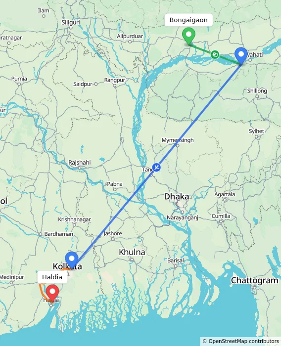 Route map showing distance and travel time from Bongaigaon, India to Haldia, India