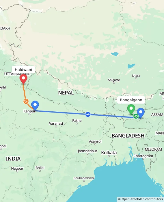 Route map showing distance and travel time from Bongaigaon, India to Haldwani, India