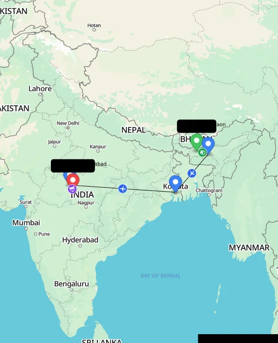 Route map showing distance and travel time from Bongaigaon, India to Hoshangabad, India