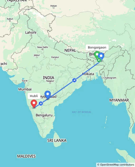 Route map showing distance and travel time from Bongaigaon, India to Hubli, India