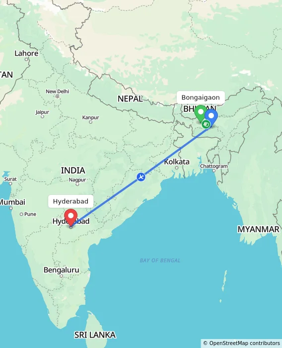 Route map showing distance and travel time from Bongaigaon, India to Hyderabad, India