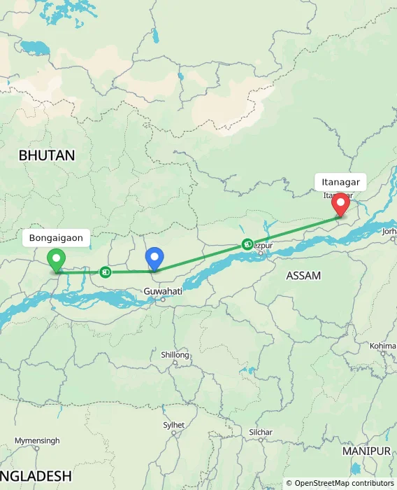 Route map showing distance and travel time from Bongaigaon, India to Itanagar, India