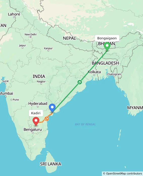 Route map showing distance and travel time from Bongaigaon, India to Kadiri, India