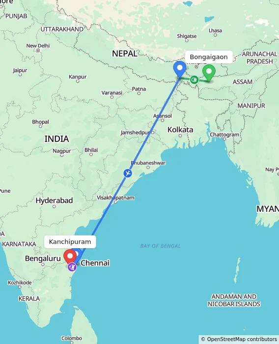 Route map showing distance and travel time from Bongaigaon, India to Kanchipuram, India