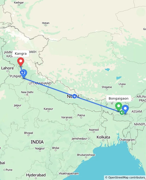 Route map showing distance and travel time from Bongaigaon, India to Kangra, India