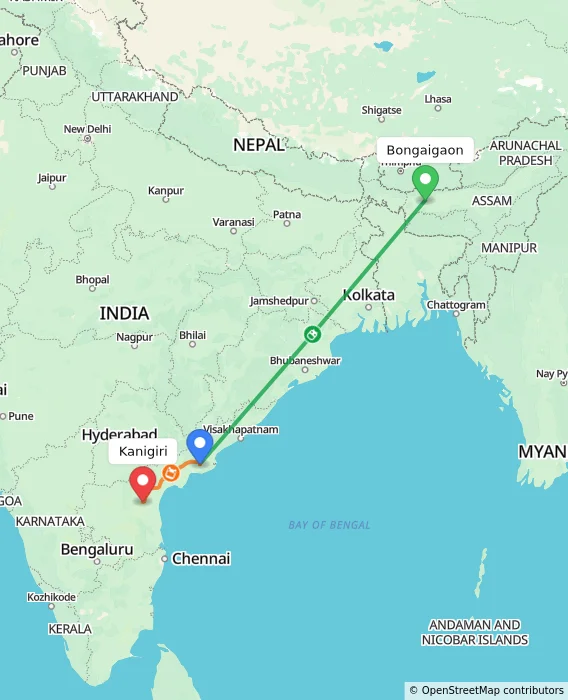 Route map showing distance and travel time from Bongaigaon, India to Kanigiri, India