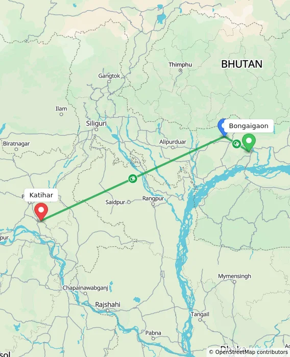 Route map showing distance and travel time from Bongaigaon, India to Katihar, India