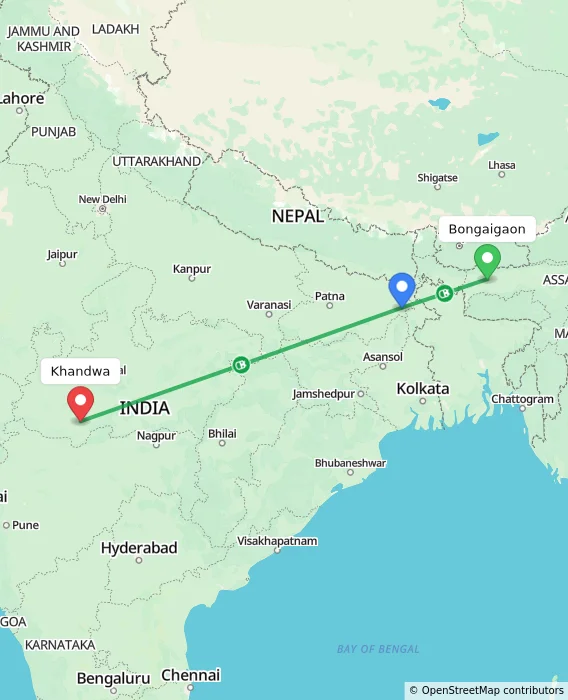 Route map showing distance and travel time from Bongaigaon, India to Khandwa, India
