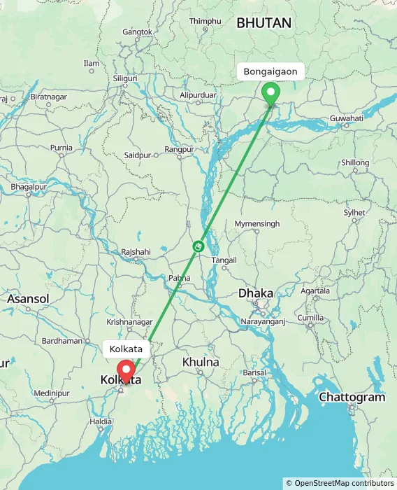 Route map showing distance and travel time from Bongaigaon, India to Kolkata, India