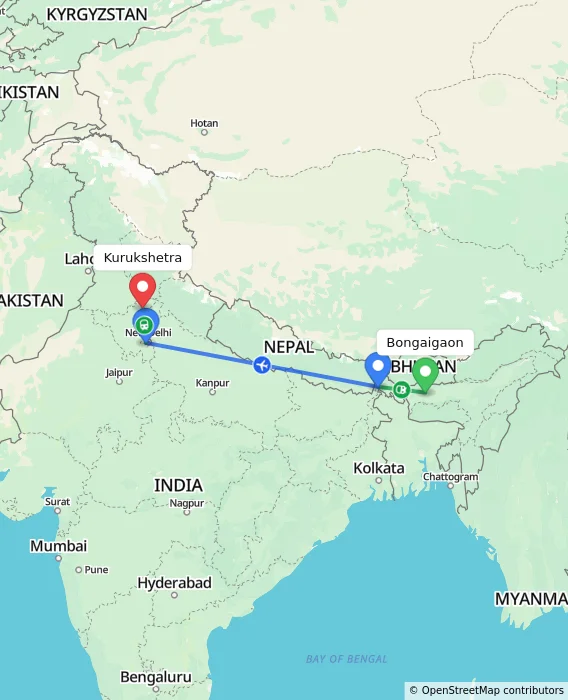 Route map showing distance and travel time from Bongaigaon, India to Kurukshetra, India
