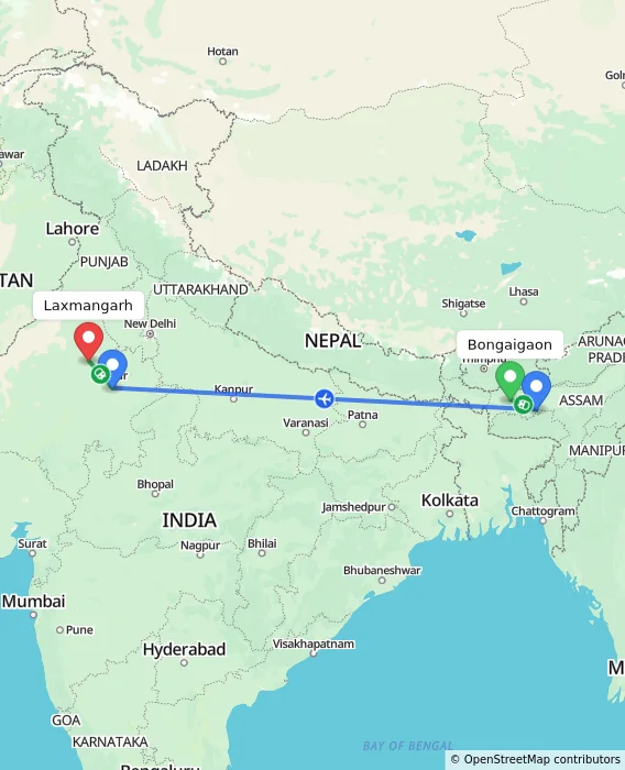 Route map showing distance and travel time from Bongaigaon, India to Laxmangarh, India