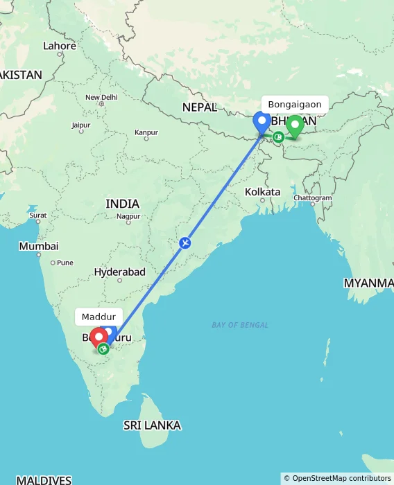 Route map showing distance and travel time from Bongaigaon, India to Maddur, India