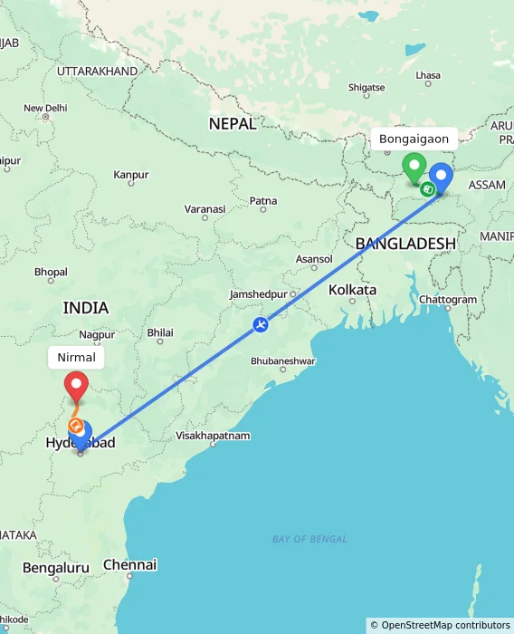 Route map showing distance and travel time from Bongaigaon, India to Nirmal, India