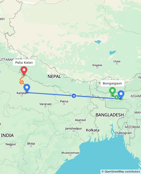 Route map showing distance and travel time from Bongaigaon, India to Palia Kalan, India