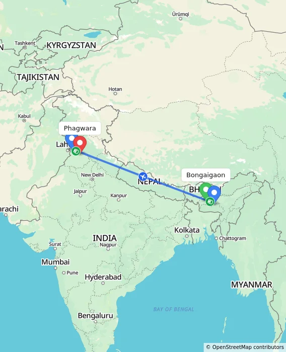 Route map showing distance and travel time from Bongaigaon, India to Phagwara, India