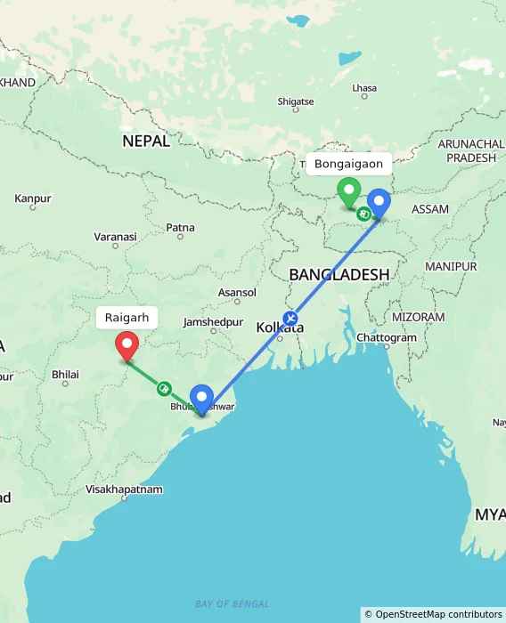Route map showing distance and travel time from Bongaigaon, India to Raigarh, India
