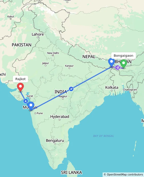 Route map showing distance and travel time from Bongaigaon, India to Rajkot, India