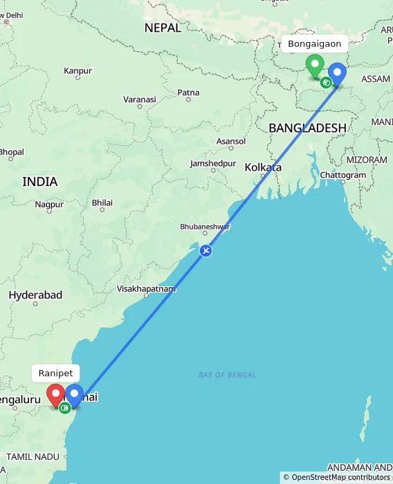 Route map showing distance and travel time from Bongaigaon, India to Ranipet, India
