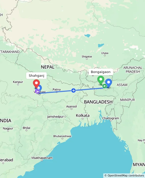 Route map showing distance and travel time from Bongaigaon, India to Shahganj, India