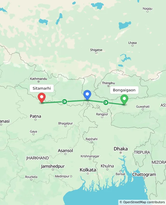 Route map showing distance and travel time from Bongaigaon, India to Sitamarhi, India