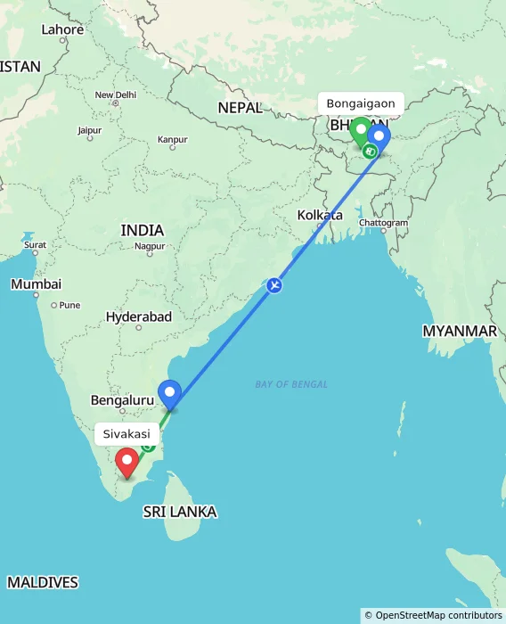 Route map showing distance and travel time from Bongaigaon, India to Sivakasi, India
