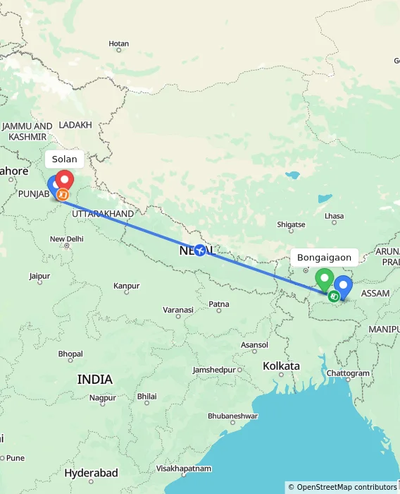 Route map showing distance and travel time from Bongaigaon, India to Solan, India
