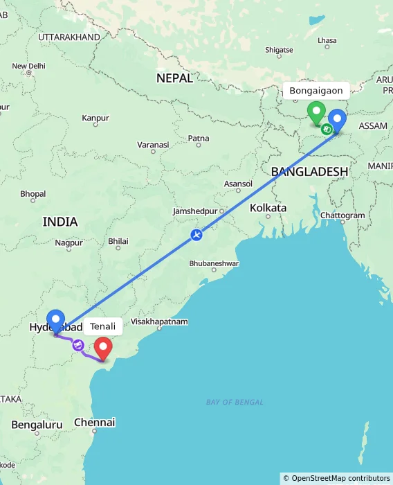 Route map showing distance and travel time from Bongaigaon, India to Tenali, India