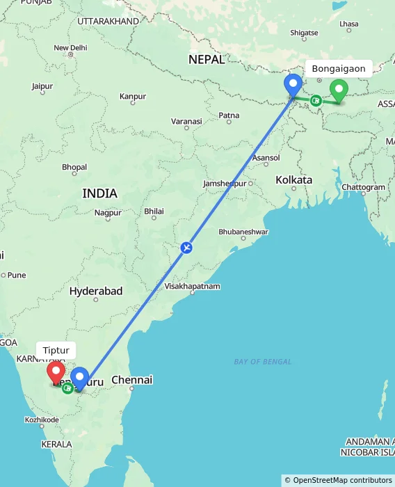 Route map showing distance and travel time from Bongaigaon, India to Tiptur, India