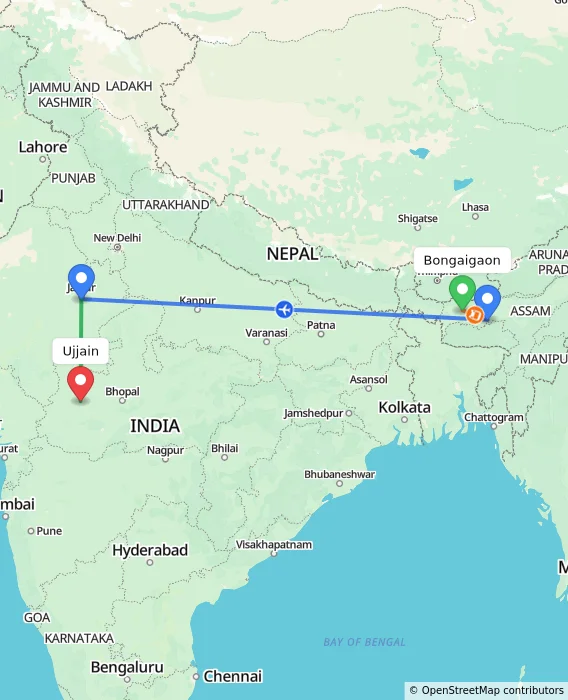 Route map showing distance and travel time from Bongaigaon, India to Ujjain, India
