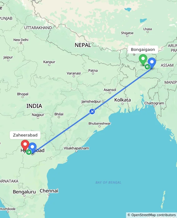 Route map showing distance and travel time from Bongaigaon, India to Zaheerabad, India