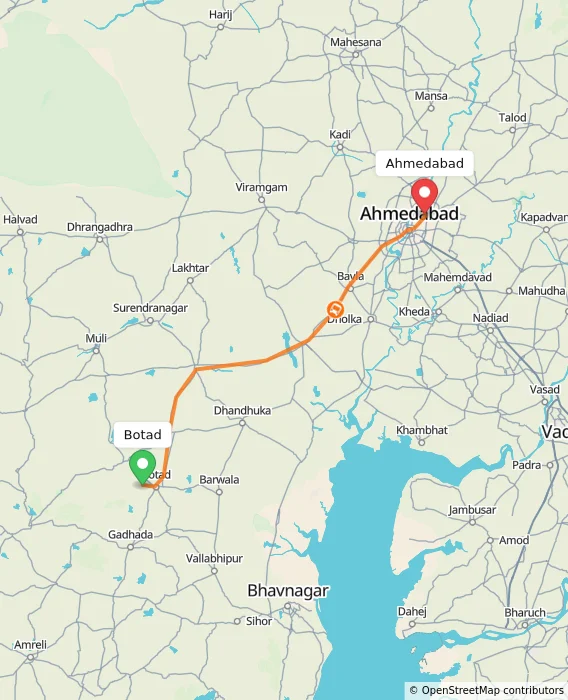 Route map showing distance and travel time from Botad, India to Ahmedabad, India
