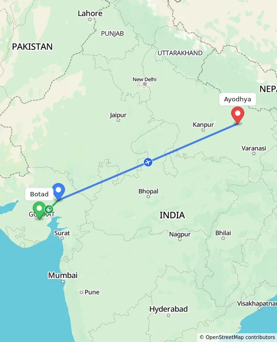 Route map showing distance and travel time from Botad, India to Ayodhya, India