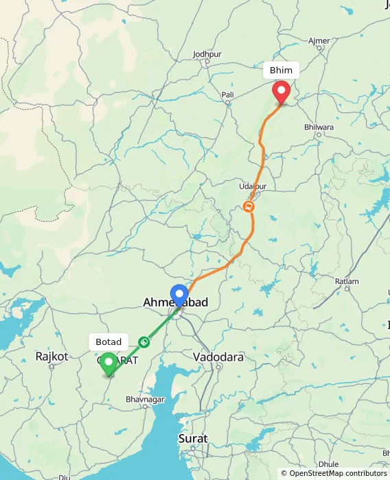 Route map showing distance and travel time from Botad, India to Bhim, India