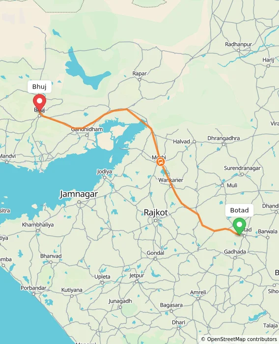 Route map showing distance and travel time from Botad, India to Bhuj, India