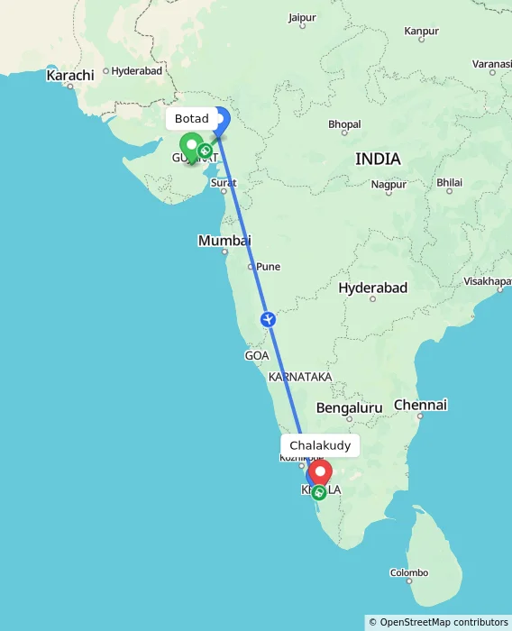 Route map showing distance and travel time from Botad, India to Chalakudy, India