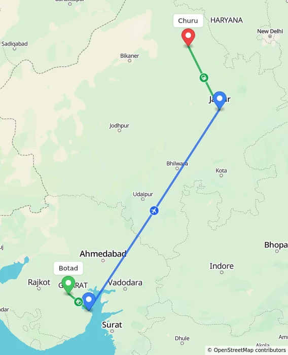 Route map showing distance and travel time from Botad, India to Churu, India
