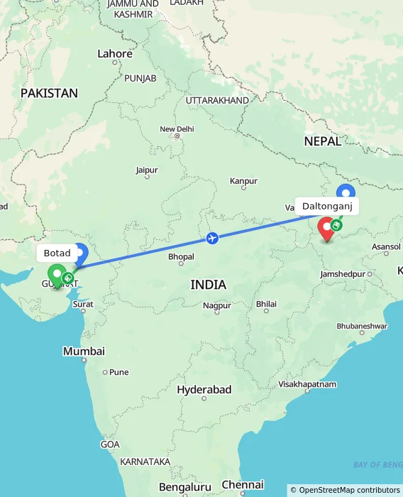 Route map showing distance and travel time from Botad, India to Daltonganj, India