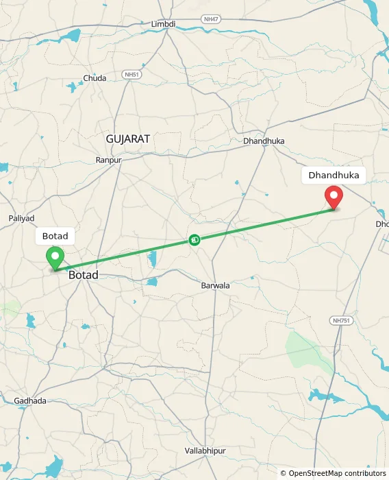 Route map showing distance and travel time from Botad, India to Dhandhuka, India