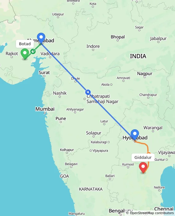 Route map showing distance and travel time from Botad, India to Giddalur, India