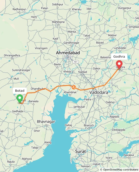 Route map showing distance and travel time from Botad, India to Godhra, India