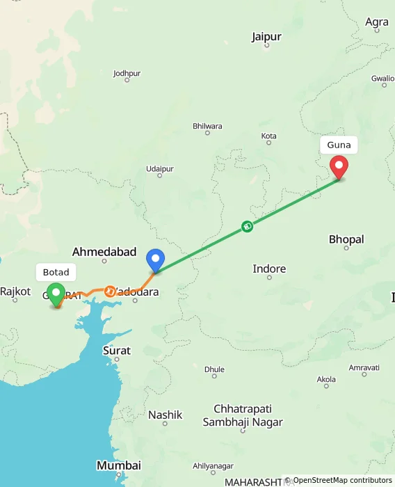 Route map showing distance and travel time from Botad, India to Guna, India