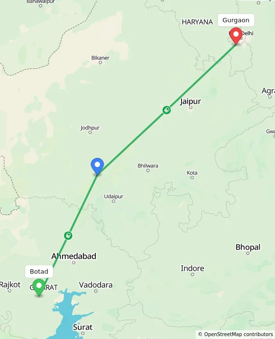 Route map showing distance and travel time from Botad, India to Gurgaon, India