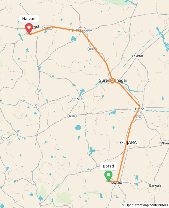 Route map showing distance and travel time from Botad, India to Halvad, India