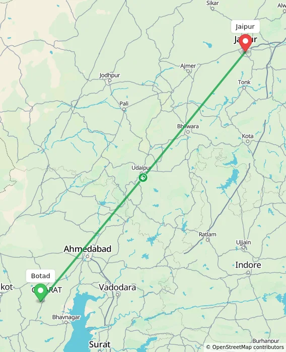 Route map showing distance and travel time from Botad, India to Jaipur, India