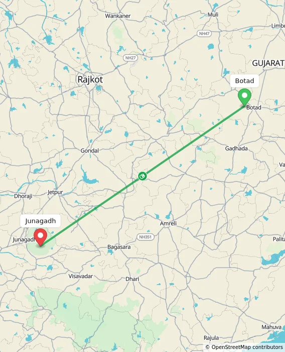 Route map showing distance and travel time from Botad, India to Junagadh, India